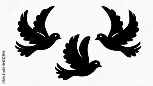 Three stylized black birds in flight with wings spread on a white background illustration design created with generative ai