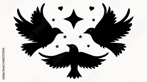 Silhouette of three birds flying around stars and hearts in a black and white design element image created with generative ai