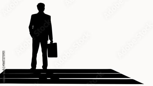 Silhouette of a businessman standing on steps holding a briefcase against a white background space created with generative ai