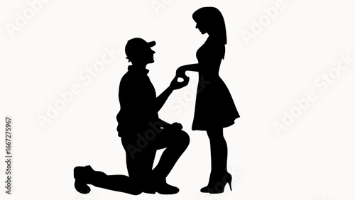Silhouette of a man proposing to a woman with a ring on bended knee in a romantic scene of love and commitment created with generative ai