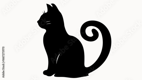 Silhouette of a sitting cat with a curled tail facing left on a plain white background image view created with generative ai