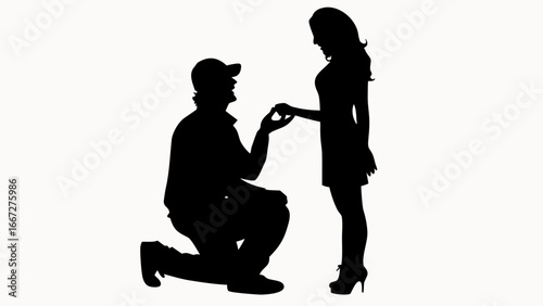 Silhouette of a man proposing to a woman with a ring on a white background in a romantic gesture created with generative ai