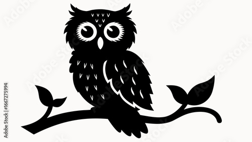 Silhouette of an owl perched on a branch with leaves in a minimalist black and white design style created with generative ai