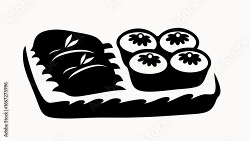 Black and white sushi platter with nigiri and maki rolls on a decorative tray design element created with generative ai