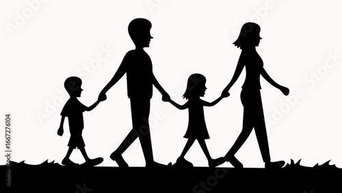 Silhouette of a family walking together holding hands on a white background in a simple illustration style created with generative ai