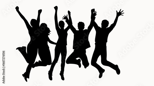 Silhouette of five people jumping with arms raised in celebration against a white background image created with generative ai