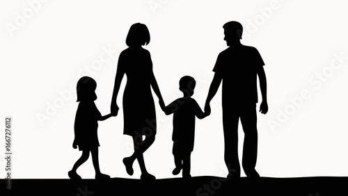 Silhouette of a family walking together holding hands against a white background in a simple illustration created with generative ai