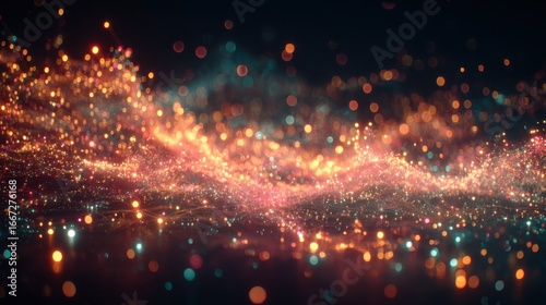 Abstract Golden Bokeh Lights on Dark Background, Festive Glittering Particles, Celebration Sparkle, Holiday Season, Decorative Design Element, Elegant Glowing Texture, Magic Effect