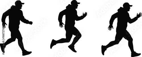 Running silhouette progression, hoodie athlete sprint poses, black vector illustration, dynamic motion clipart, sports training icon, speed breakdown