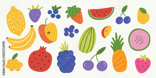 A vibrant collection of hand drawn fruits including strawberries bananas blueberries watermelon pineapple and more