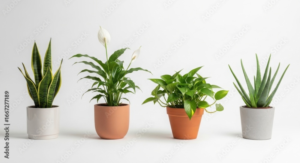 Fototapeta premium Four diverse potted houseplants arranged against a clean white background