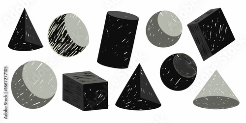 Collection of Hand Drawn Geometric Shapes in Black and Gray 3d shapes cone