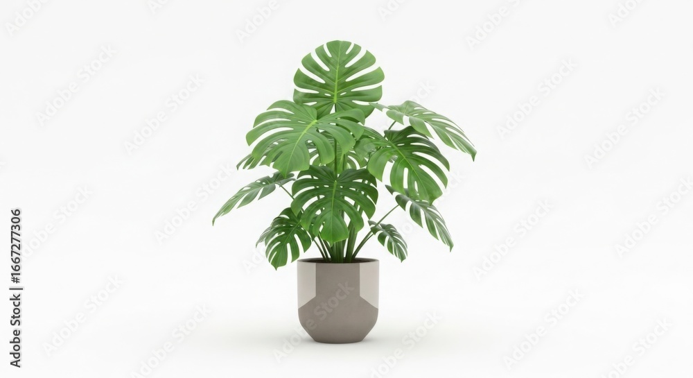 Fototapeta premium Large monstera deliciosa plant in a modern grey pot isolated on white