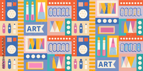 Playful Art Supplies and Geometric Patterns in Retro Style collage