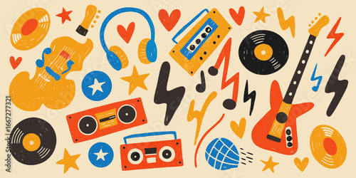 Retro Music Icons and Symbols Collage with Guitars and Boomboxes vintage