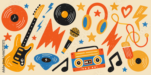 Vintage Music Elements Featuring Guitars Microphones and Cassette Tapes retro