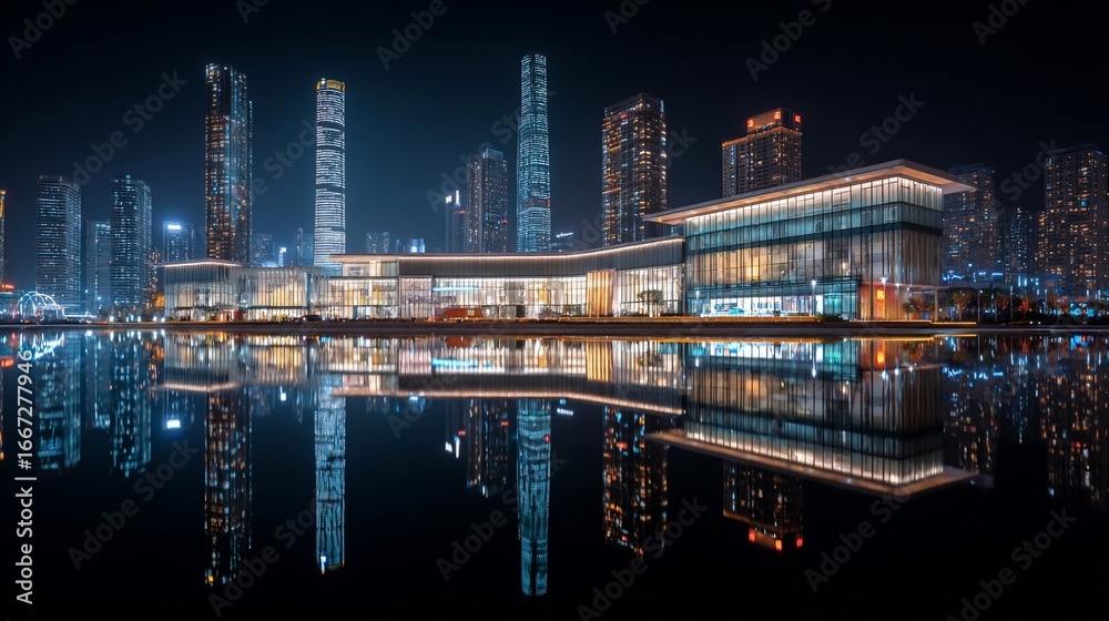 Fototapeta premium Illuminated buildings reflect over calm water at night in a city skyline, showing architecture