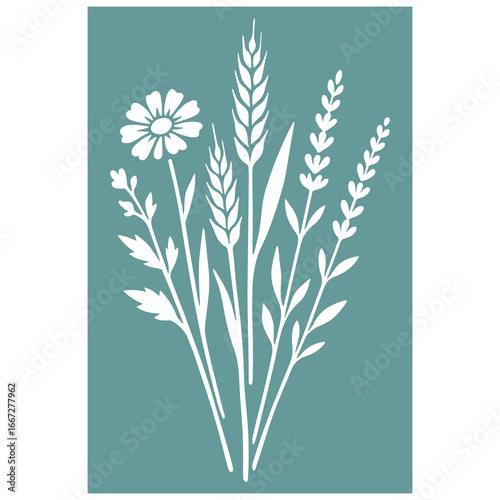 Minimalist floral vector silhouette with wildflowers, wheat ears, and meadow plants. Stencil design perfect for laser cutting, Cricut projects, vinyl decals, wall art, greeting cards, fabric printing.