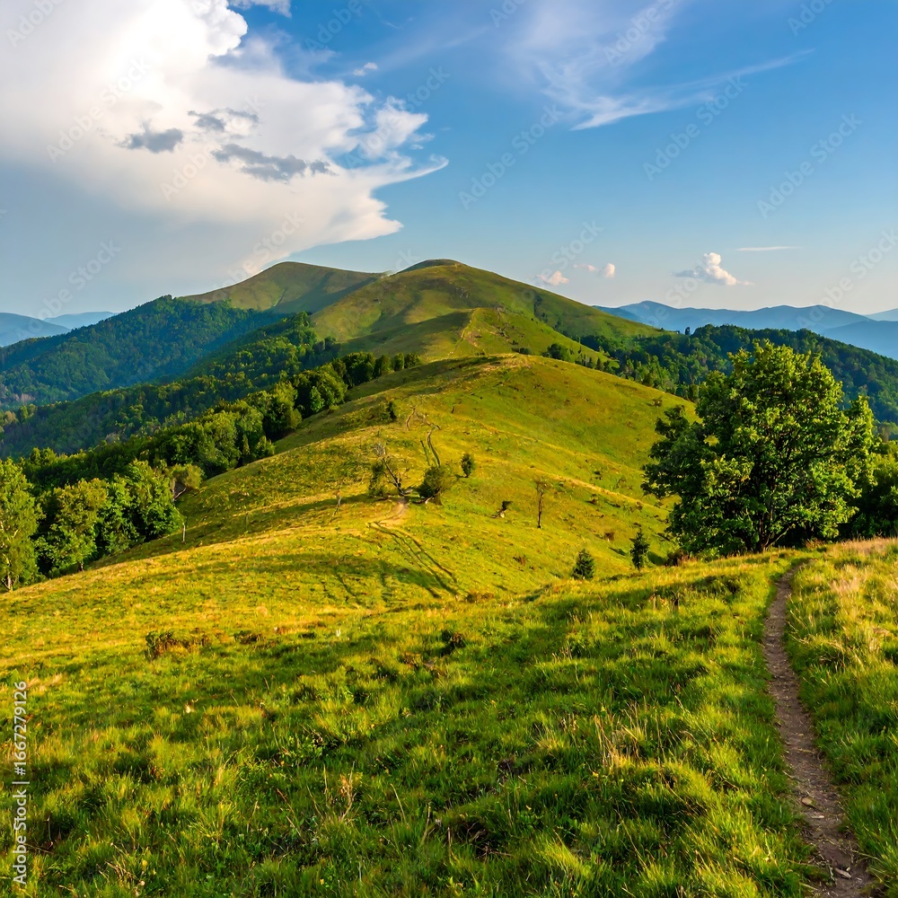 Naklejka premium Lush mountain meadow under a summer sky