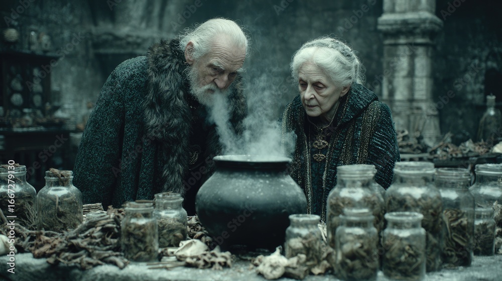 custom made wallpaper toronto digitalAncient spell weavers intensely focus on a steaming dark cauldron, surrounded by rows of old glass jars filled with mystical ingredients in a crumbling stone chamber.