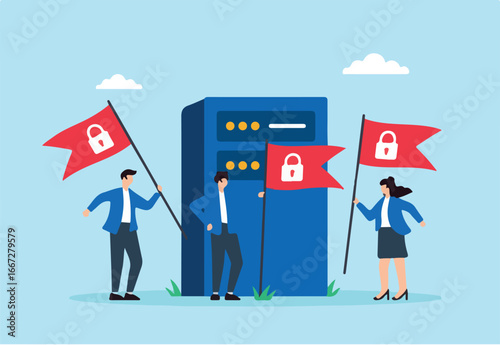 Flat illustration of people raising red security flags around server to mark protected cyber zone against digital threats