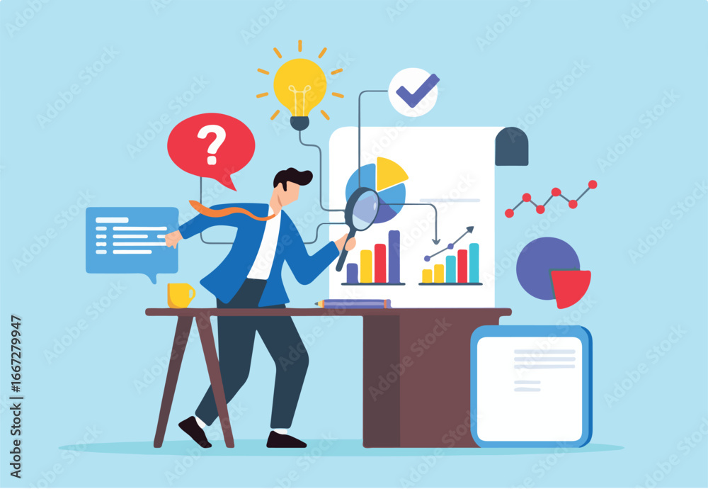 Fototapeta premium Flat illustration of businessman using magnifying glass to scrutinize business reports on desk