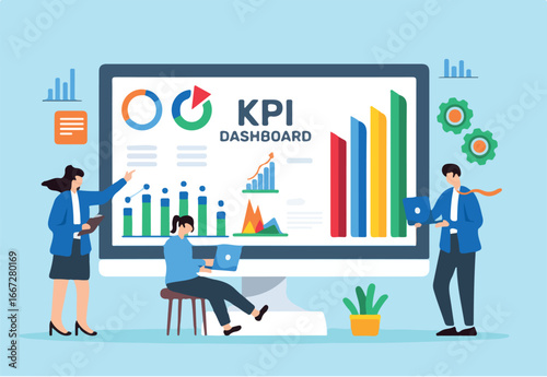KPI monitoring and evaluation, goal setting concept vector illustration. Business analysts measuring key performance indicator on digital dashboards