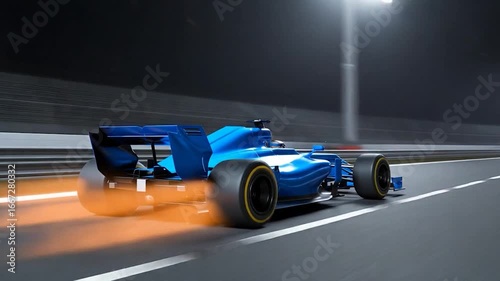 A high-speed racing car streaks along a racetrack at night, leaving a trail of orange flames.