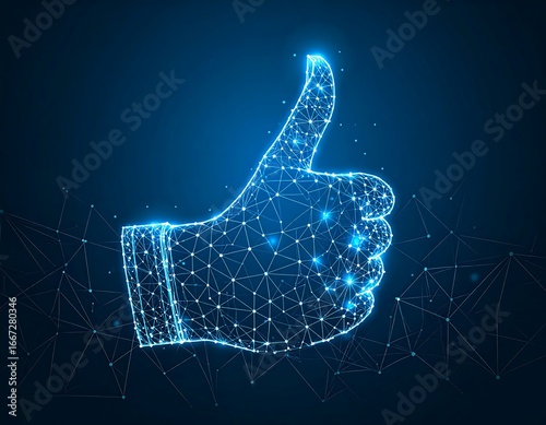 Digital Thumbs Up Symbol Glowing Blue Technology Network.
