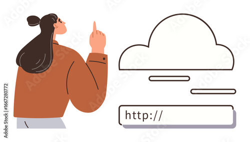 Woman raising finger toward cloud and URL bar, representing cloud technology, web access, or digital services. Ideal for internet, web hosting, cloud storage, online browsing, data access digital