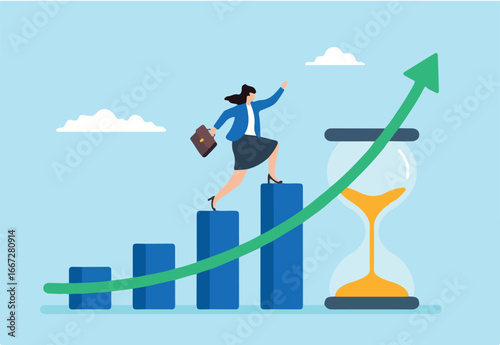 Flat illustration of confident woman walking on growing bar chart with hourglass representing patience time management and steady business progress