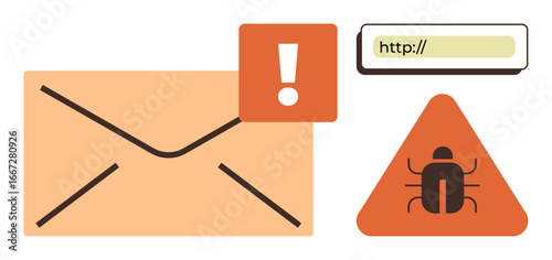 Envelope with alert icon, warning triangle with malware bug, unsafe link bar. Ideal for cybersecurity, email phishing, internet safety, hacking awareness, malware threat, online scam prevention