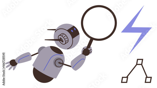 Robot examining details with a magnifying glass, lightning bolt, and growth chart. Ideal for technology, research, AI, machine learning, innovation problem-solving automation. Simple flat metaphor
