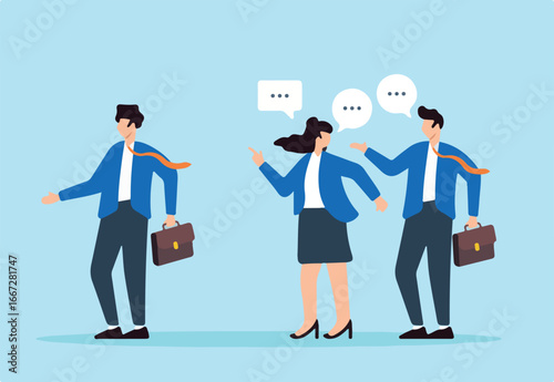 Flat illustration of business people gossip behind colleagues in office spreading rumors and incorrect information