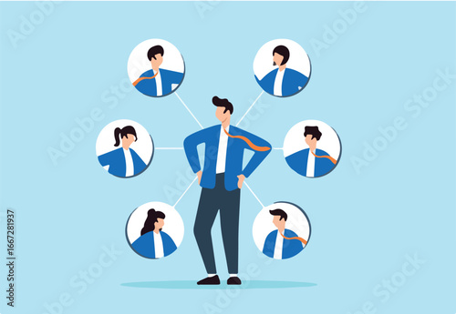 Flat illustration of businessman receive 360 degree feedback from colleagues performance appraisal customer review testimonial job networking employee evaluation rating