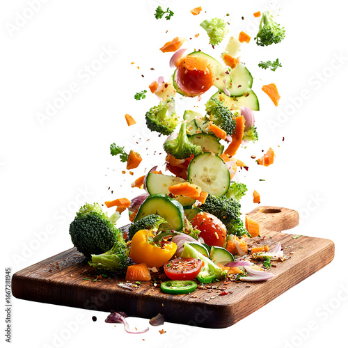 Fresh mixed vegetables falling and splashing onto wooden cutting board isolated on transparent background