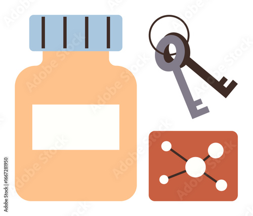 Medicine jar with blank label, pair of keys, and molecular diagram element. Ideal for healthcare, science, innovation, medicine, chemistry security and biotechnology themes. Minimal simple flat