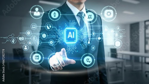 Business professional interacts with a holographic representation of artificial intelligence concepts.