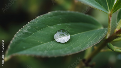 Close-up of a single water droplet on a vibrant green leaf, capturing the reflection of surrounding foliage, showcasing nature's delicate beauty.