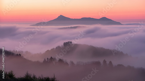 A stunning mountain landscape during sunrise, with rolling fog covering the forested hills and a vibrant orange and pink sky.