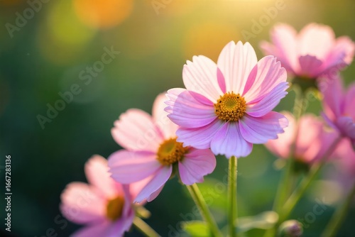 Close-up of pastel-colored flowers in soft sunlight, radiating gentle joy and serene beauty, a visual representation of quiet happiness , pretty, idyllic