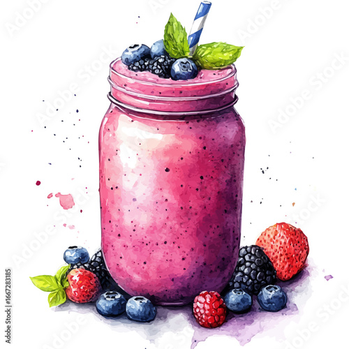 Summer Smoothie Fresh Blend, watercolor drawing vector, isolated on a white background.