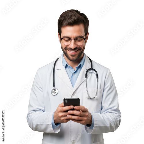 Smiling doctor using cellphone isolated on transparent background