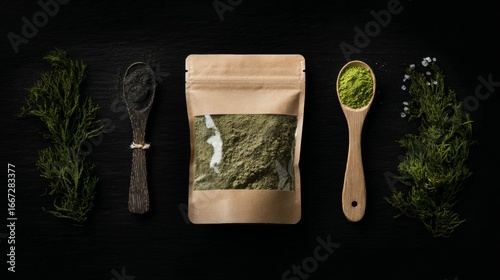Herbal tea packaging eco bag spoon greenery natural product concept