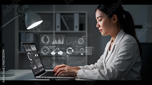 Dedicated professional engrossed in data analysis at night.
