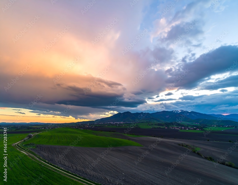Fototapeta premium Dramatic skyscape over undulating farmlands and distant mountains at twilight hour