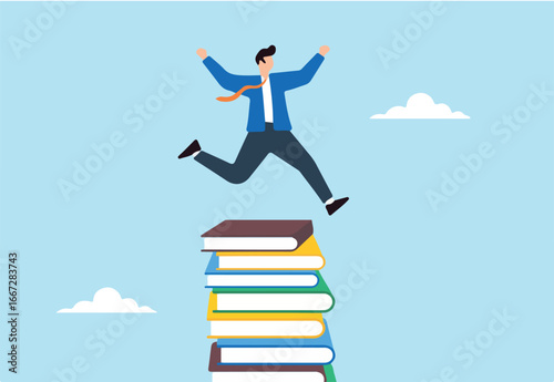 Flat illustration of businessman jumping over tall stack of books to represent knowledge challenge educational growth and learning journey