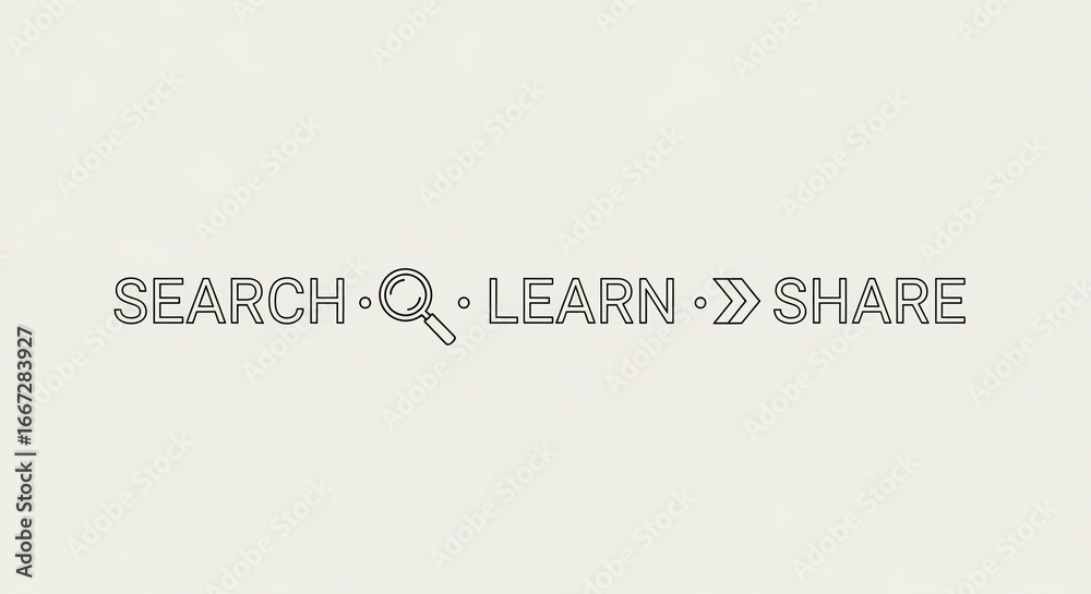Obraz premium Minimalist clean typography with magnifying glass icon, “Search • Learn • Share”.