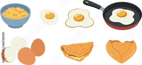 Cartoon image of eggs prepared in various styles on transparent background