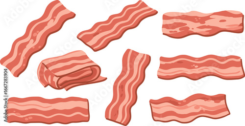 Cartoon illustration of multiple strips of bacon on transparent background
